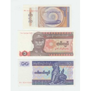 Barma - Myanmar, 50 Pyas (1994), 1 Kyats (1990), 10 Kyats (1996),