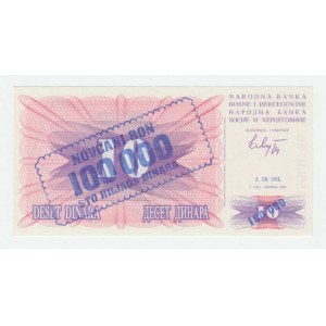 Bosna a Hercegovina, 100.000 Dinárů 1.9.1993, Pick.34a - přetisk na 10