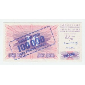 Bosna a Hercegovina, 100.000 Dinárů 10.11.1993, Pick.34b - přetisk na 10