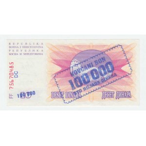Bosna a Hercegovina, 100.000 Dinárů 10.11.1993, Pick.34b - přetisk na 10