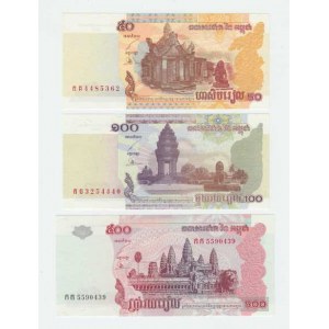 Kambodža, 50 Riels 2002, 100 Riels 2001, 500 Riels 2002,