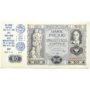 Polska, II RP, 20 złotych 1936 z okolicznościowym nadrukiem, TN Gniezno, seria CI