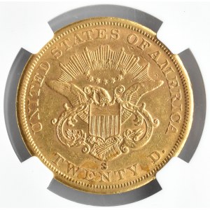 USA, 20 dolarów 1860 S, San Francisco, NGC AU