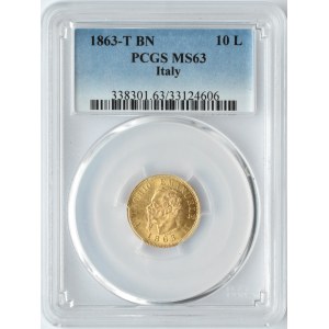 Włochy, Vittorio Emanele II, 10 lirów 1863, Turyn, PCGS MS63