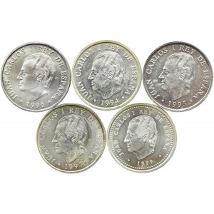 Hiszpania, lot 5 srebrnych monet 2000 peset 1994-1999, Madryt