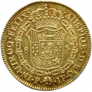 Hiszpania (Kolumbia), Karol IV, 8 escudos 1800 P, Popayan, bardzo ładne
