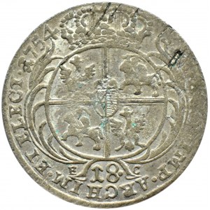 August III Sas, ort (18 groszy) 1754 E.C., Lipsk, szerokie popiersie