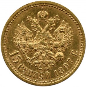 Rosja, Mikołaj II, 15 rubli 1897 AG, Petersburg, 4 litery pod popiersiem