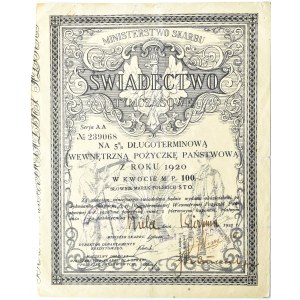 Polska, II RP, Świadectwo Tymczasowe na długoterminową pożyczkę na 100 marek 1920