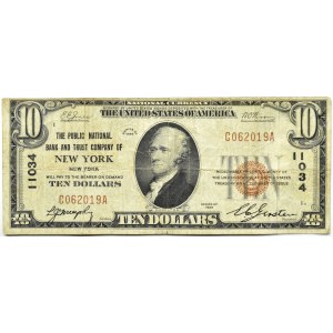 USA, National Currency, The Public National Bank and Trust Company of New York, 10 dolarów 1929, seria C - RZADKIE