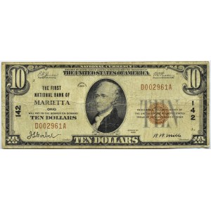 USA, National Curreny, The First National Bank of Marietta Ohio, 10 dolarów 1929, seria D, RZADKIE