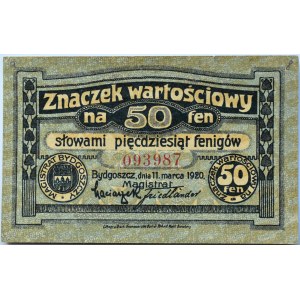 Bromberg, Bydgoszcz, znaczek wartościowy 50 fenigów 1920, jasno-granatowy, UNC