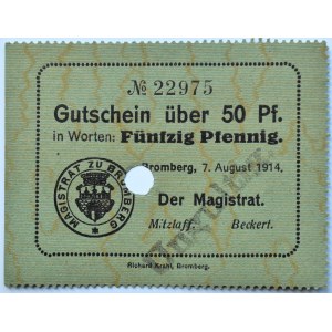 Bromberg, Bydgoszcz, Gutschein 50 pfennig 1914, numer 22975, UNC