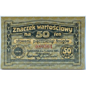 Bromberg, Bydgoszcz, znaczek wartościowy 50 fenigów 1920, ciemno-granatowy, UNC