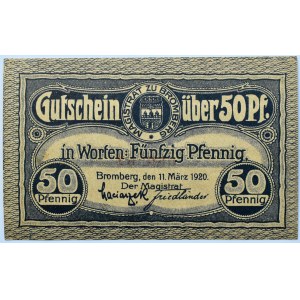 Bromberg, Bydgoszcz, znaczek wartościowy 50 fenigów 1920, ciemno-granatowy, UNC