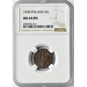 Polska, II RP, 5 groszy 1938, Warszawa, NGC MS64 BN