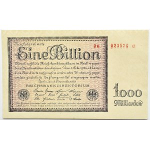 Niemcy, Republika Weimarska, 1 Bilion marek 1923, seria 9G, bardzo rzadkie, UNC