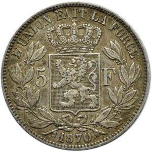 Belgia, Leopold II, 5 franków 1870, Bruksela