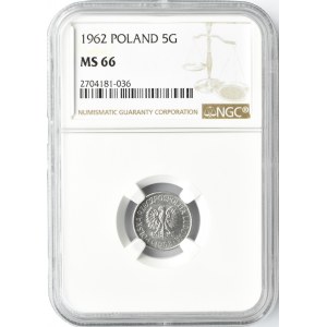 Polska, PRL, 5 groszy 1962, Warszawa, NGC MS66