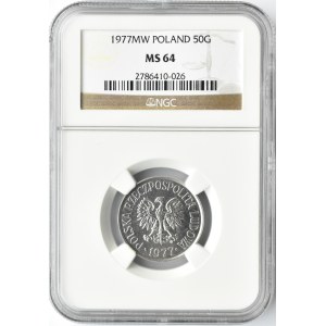 Polska, PRL, 50 groszy 1977 ze znakiem mennicy, Warszawa, NGC MS64