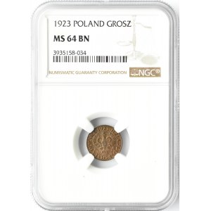 Polska, II RP, 1 grosz 1923, Warszawa, NGC MS64 BN