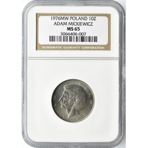 Polska, PRL, A. Mickiewicz, 10 złotych 1976, Warszawa, NGC MS65