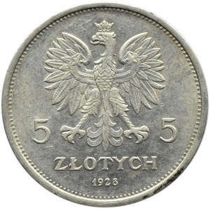 Polska, II RP, Nike, 5 złotych 1928, Warszawa, odmiana ze znakiem mennicy, ładna