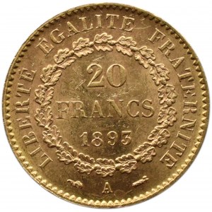 Francja, Republika, 20 franków 1893 A, Paryż, Geniusz