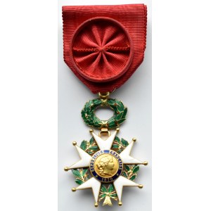 Francja III Republika, (1870-1947), Legia Honorowa klasa IV, złoto, oryginalna wstążka z rozetką