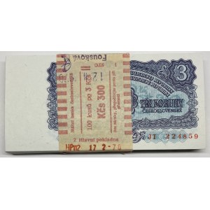 Czechoslovakia Original Bundle with 100 Banknotes 3 Koruny 1953 Consecutive Numbers