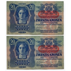 Austria 2 x 20 Korona 1919 (1913) With Consecutive Numbers