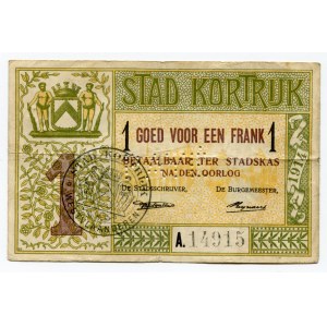 Belgium Kortrijk 1 Franc 1914 Cancelled Note