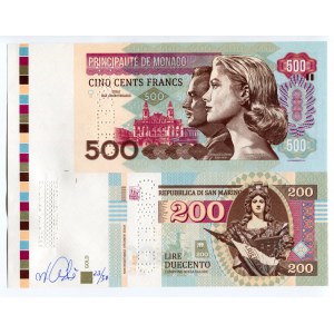 Monaco 200 & 500 Francs 2016 Canceled Test Print with Gábrišs Signature, Rare!