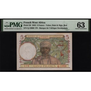 French West Africa 5 Francs 1943 PMG 63