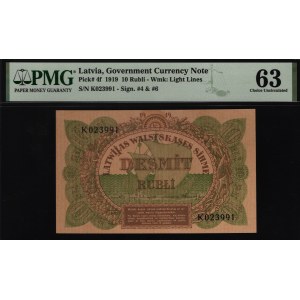 Latvia 10 Roubles 1919 PMG 63