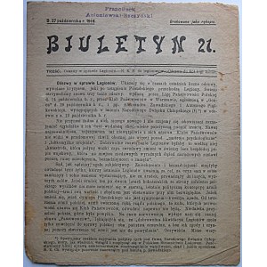 BIULETYN N. 21. Dn. 27 października r. 1916. Drukowane jako rękopis. Treść : Odezwy w sprawie Legionów. N.K.N...