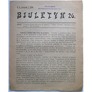 BIULETYN N.26. Dn. 8 listopada r. 1916. Treść : Centralny Komitet Narodowy do prawicy...