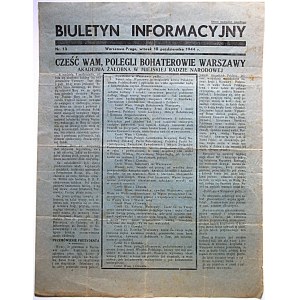BIULETYN INFORMACYJNY. Warszawa - Praga, wtorek 10 października 1944 r. nr 13. Format jw. s. 2 ...