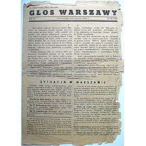 GŁOS WARSZAWY. W-wa, 9 sierpnia 1944. Rok III. Nr 62 (155). Format 20/30 cm. Druk 1 stronny. Ślad składania...