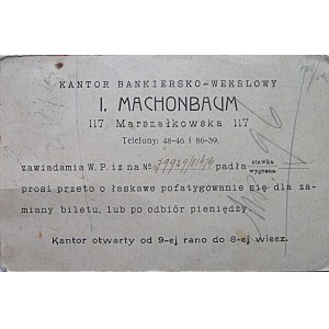 [KARTA POCZTOWA]. Kantor Bankiersko - Wekslowy I. Machonbaum. Warszawa Marszałkowska No. 117...