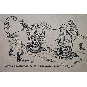 [POSTCARD]. Satirical postcard, titled : The race of postal pragmatics.[ow] with labor regulation. Drawn by R...