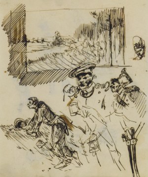 Stanisław KAMOCKI (1875-1944), Szkice żołnierza rosyjskiego w okopie, popiersie oficera rosyjskiego i żołnierza, szkic kompozycji batalistycznej, 1894(?)