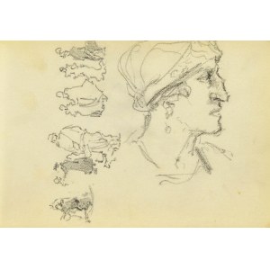 Józef PIENIĄŻEK (1888-1953), Szkic głowy kobiety w ujęciu z profilu oraz szkice postaci
