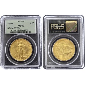 United States 20 Dollars 1908 PCGS MS62 NO MOTTO