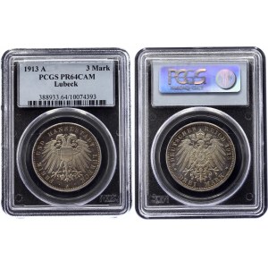 Germany - Empire Lubeck 3 Mark 1913 A PCGS PF64CAM