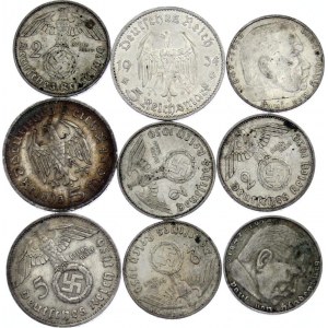 Germany - Third Reich Lot of 9 Silver Coins 1934 - 1939