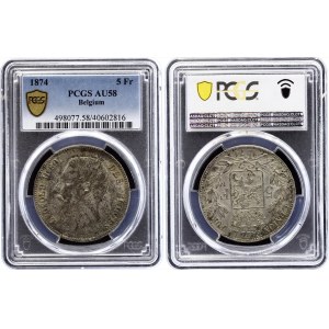 Belgium 5 Francs 1874 PCGS AU 58