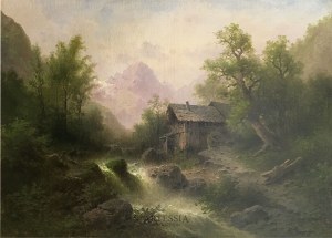Albert Rieger (1834 - 1905), Pejzaż górski z młynem, 2 poł. XX w.