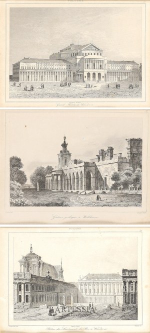 Augustin François Lemaitre (1797-1870), 3 widoki Warszawy: Teatr Wielki, Pałac Namiestnikowski, Widok galerii Gotyckiej w Wilanowie, 1840