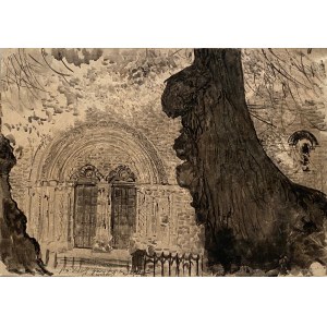 Leon Wyczółkowski(1852-1936), ''Portal kościoła w cieniu drzew''